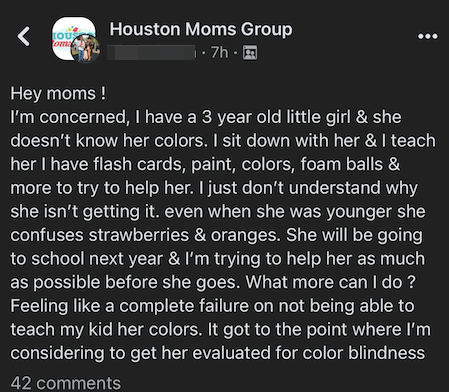 A mom's worried confession about her toddler not distinguishing colors at 3